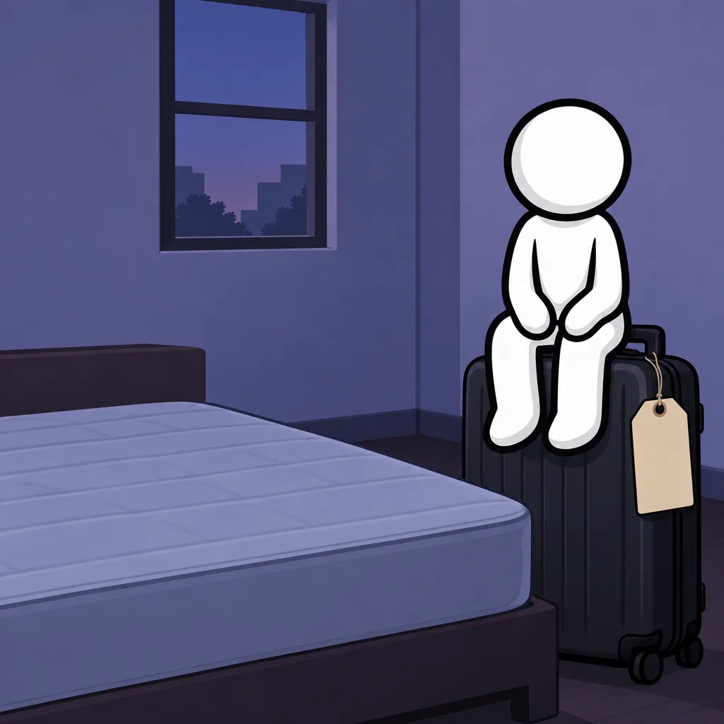 2017, day 1: he sits on his suitcase in an empty room. the suitcase is tagged temporary