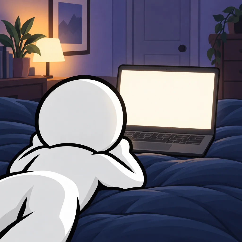 over his shoulder: his laptop is showing this website